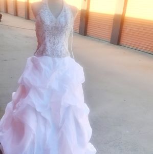 Allure Bridal Halter Wedding Gown White deep V Neck size 8 Beaded Corset Lace up